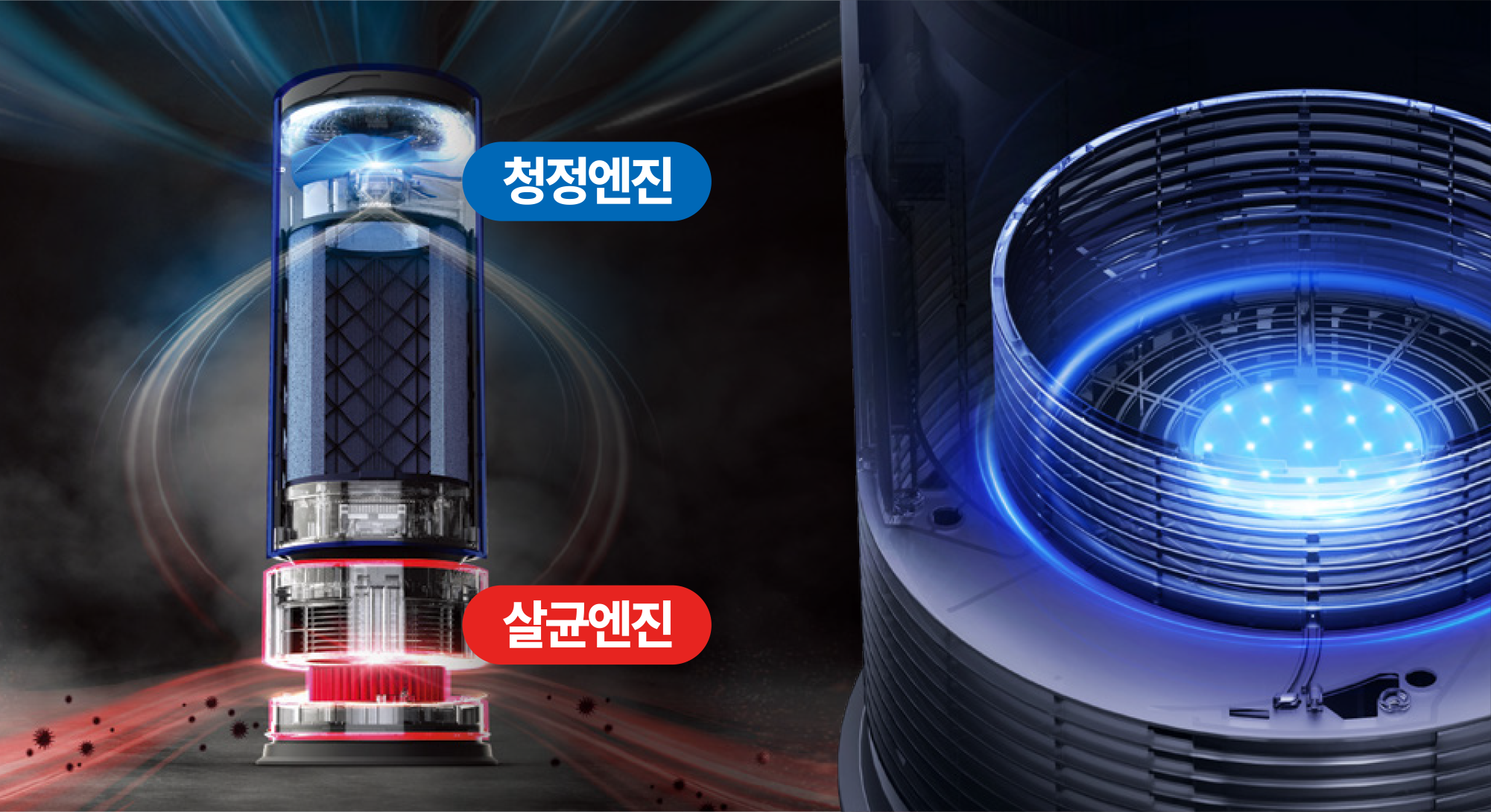 공기청정기 내부 청정엔진과 살균엔진의 이미지입니다.